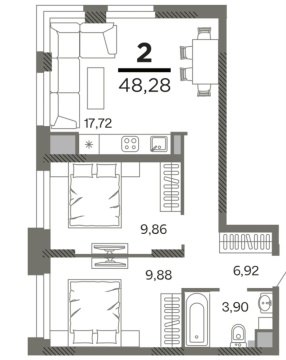 2-к квартира, 3/27 эт., 48м²