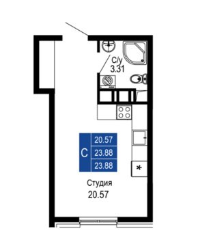 Студия, 2/14 эт., 23м²