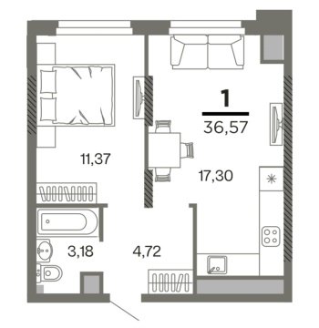 1-к квартира, 17/26 эт., 36м²