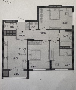 3-к квартира, 16/25 эт., 69м²