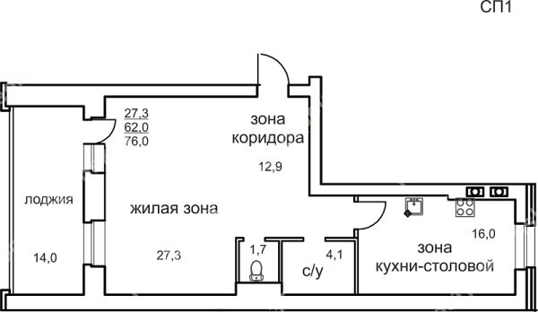 1-к квартира, 2/4 эт., 69м²