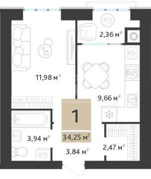 1-к квартира, 2/10 эт., 34м²