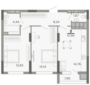 2-к квартира, 12/14 эт., 57м²