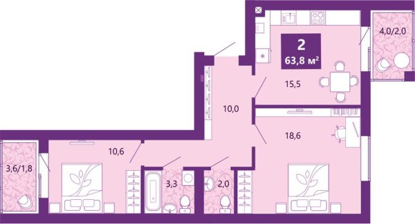 2-к квартира, 4/4 эт., 64м²