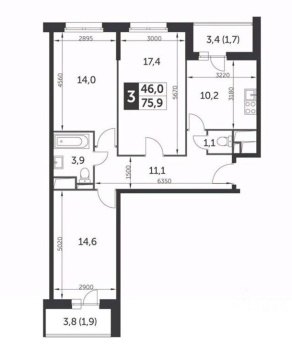 3-к квартира, 6/21 эт., 76м²