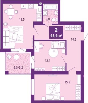 2-к квартира, 3/4 эт., 69м²