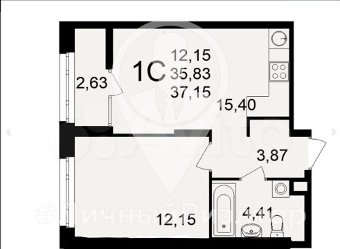 1-к квартира, 6/10 эт., 37м²