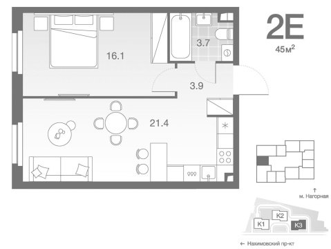 2-к квартира, 2/28 эт., 45м²