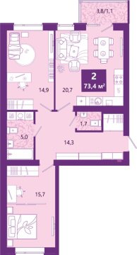 2-к квартира, 4/4 эт., 74м²