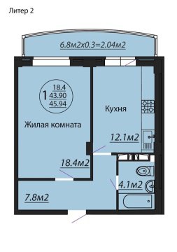 1-к квартира, 6/6 эт., 45м²