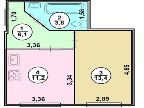 1-к квартира, 1/2 эт., 34м²