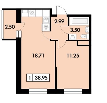 1-к квартира, 17/18 эт., 39м²