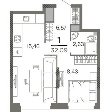 1-к квартира, 12/26 эт., 32м²