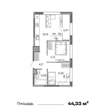 2-к квартира, 15/25 эт., 44м²