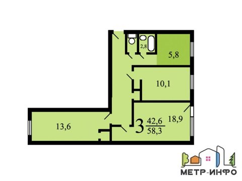 3-к квартира, 1/5 эт., 58м²