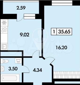 1-к квартира, 6/18 эт., 35м²