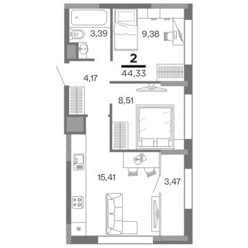 2-к квартира, 9/16 эт., 44м²