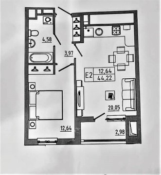 1-к квартира, 1/25 эт., 44м²