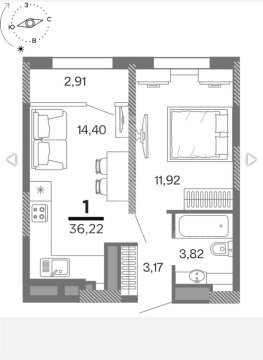 1-к квартира, 17/25 эт., 35м²