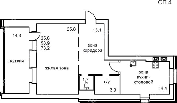 1-к квартира, 2/4 эт., 73м²