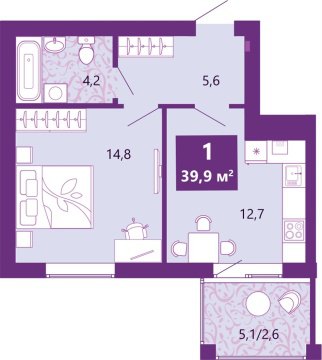 1-к квартира, 2/4 эт., 40м²