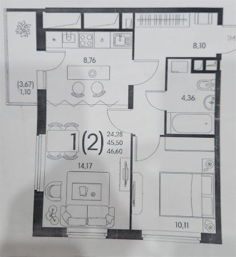 2-к квартира, 11/17 эт., 45м²