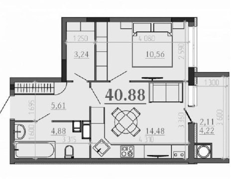 1-к квартира, 11/18 эт., 43м²