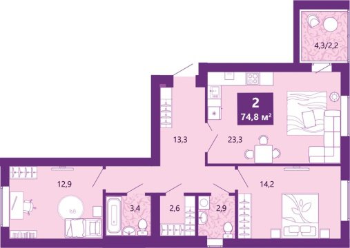2-к квартира, 2/4 эт., 80м²